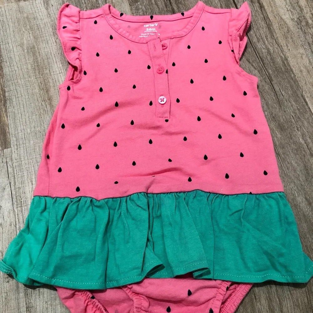 2 Carter’s Onesies With Ruffles Watermelon Pattern and Purple Gingham 24 Months - Picture 3 of 8